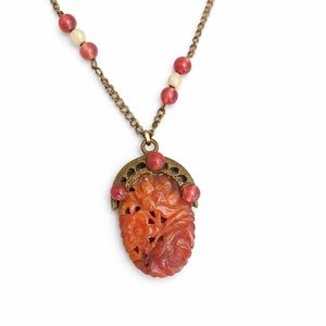 Vintage Carnelian Carved Pendant Necklace Sterling Silver 925 Thailand Floral